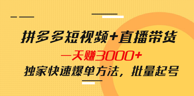（3948期）拼多多短视频+直播带货，一天赚3000+独家快速爆单方法，批量起号-副业库