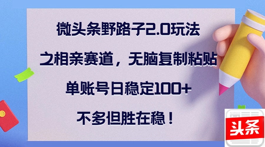 （12763期）微头条野路子2.0玩法之相亲赛道，无脑复制粘贴，单账号日稳定100+，不…-副业库