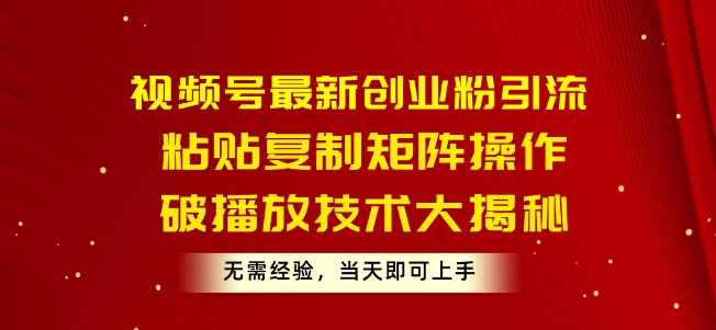 视频号最新创业粉引流，粘贴复制矩阵操作，破播放技术大揭秘，无需经验，当天即可上手-副业库