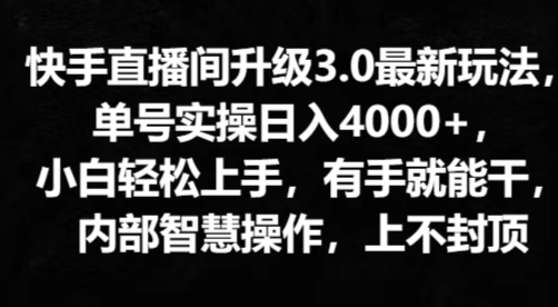 快手直播间升级3.0最新玩法，小白轻松上手，有手就能干，内部智慧操作，上不封顶-副业库