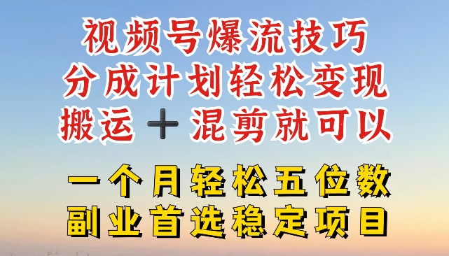 视频号爆流技巧，分成计划轻松变现，搬运 +混剪就可以，一个月轻松五位数稳定项目【揭秘】-副业库
