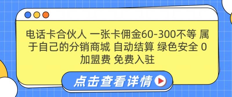 电话卡合伙人，一张卡佣金60-300不等，0加盟费， 搭建属于自己的分销商城，自动结算-副业库