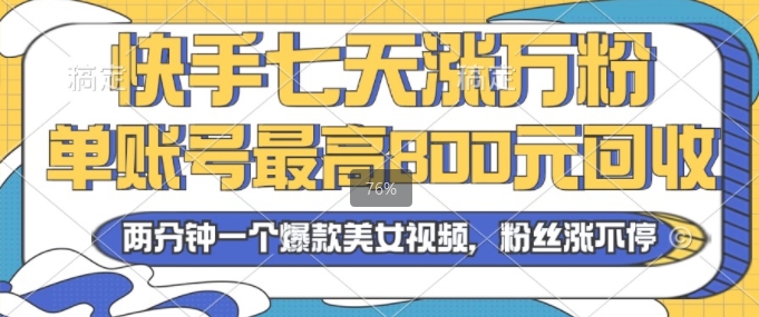 2024年快手七天涨万粉，但账号最高800元回收，两分钟一个爆款美女视频-副业库