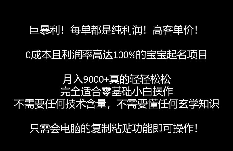 巨暴利，月入9000+的宝宝起名项目，每单都是纯利润，零基础都能躺赚【附软件+视频教程】-副业库