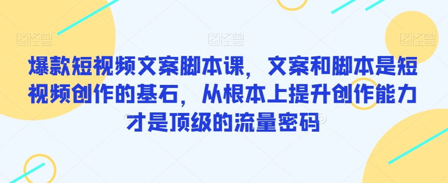 爆款短视频文案脚本课，文案和脚本是短视频创作的基石，从根本上提升创作能力才是顶级的流量密码-副业库