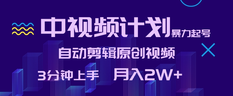中视频计划暴力起号，自动剪辑原创视频，3分钟上手，月入2W+-副业库