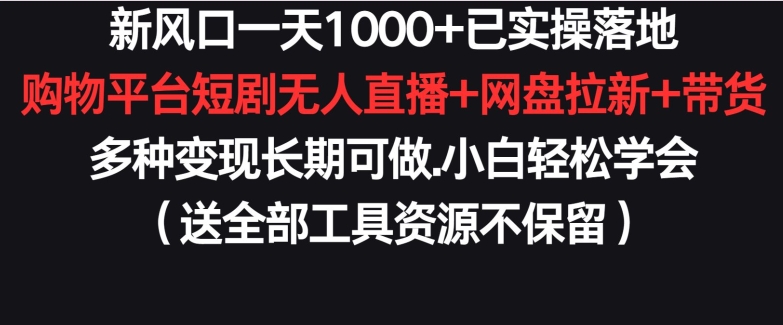 新风口一天1000+已实操落地购物平台短剧无人直播+网盘拉新+带货多种变现长期可做-副业库
