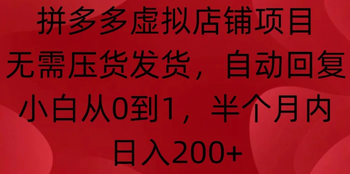 拼多多虚拟店铺项目，无需压货发货，自动回复，小白从0到1，半个月内日入200+【揭秘】-副业库