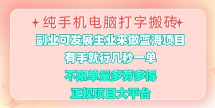 纯手机电脑打字搬砖，有手就行，几秒一单，多劳多得，正规项目大平台-副业库